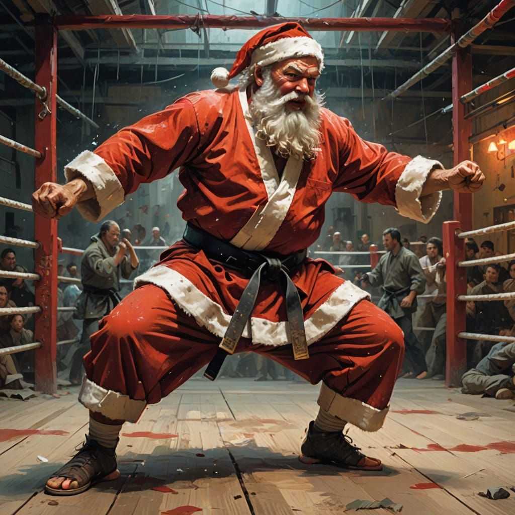 Karate Santa in Vibrant Oil Painting