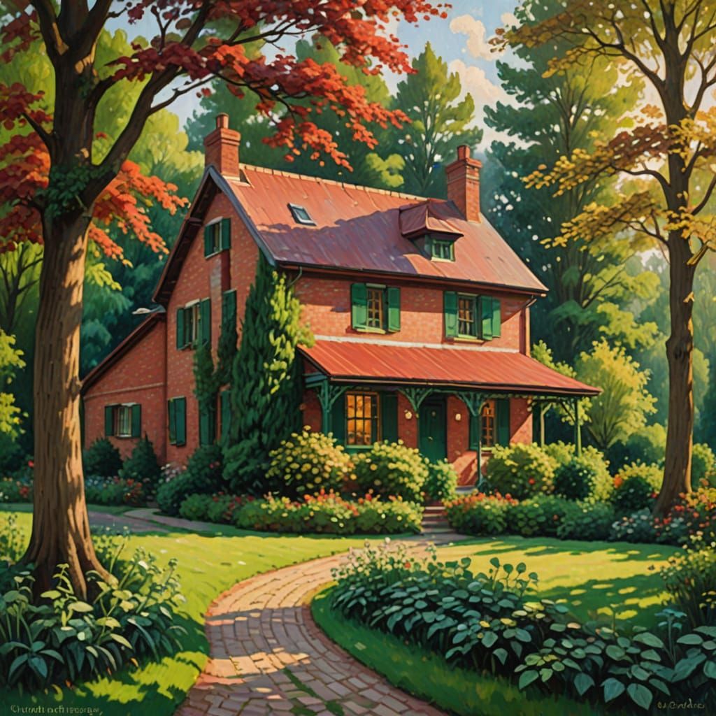 Idyllic Cottage Oil Painting in Impressionist Style