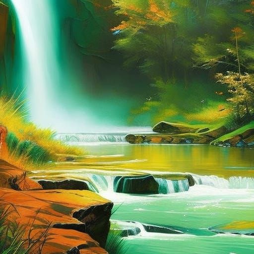 Majestic Tiger by Waterfall in Pastel Colors