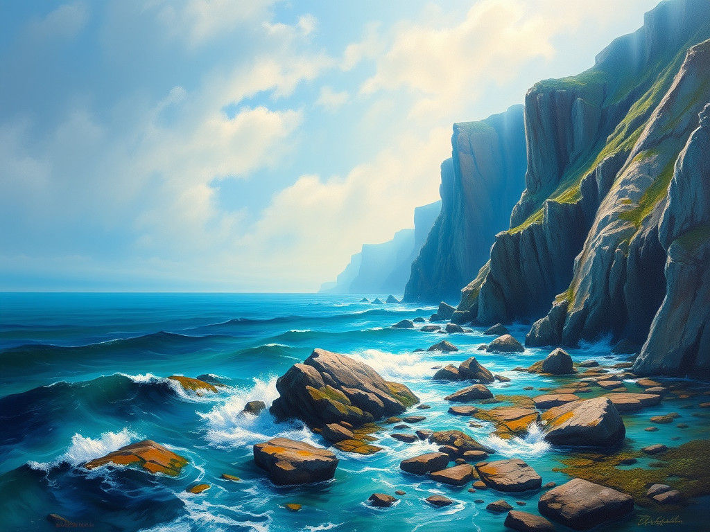 Harmonious Seascape with Towering Cliffs, Impressionist Styl...