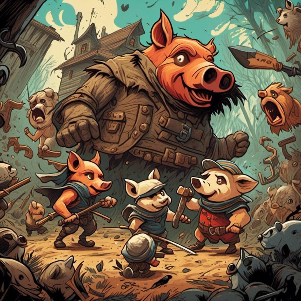 Pigs Attack House with Battering Ram, Woodcut Style