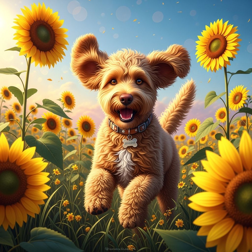 Golden Doodle Puppy in Sunflower Field, Digital Art