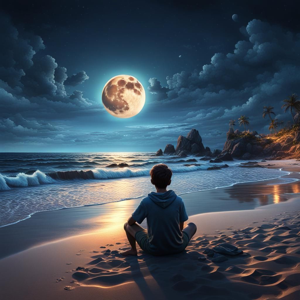 Bluominiscent Night: Boy on Beach at Sunset