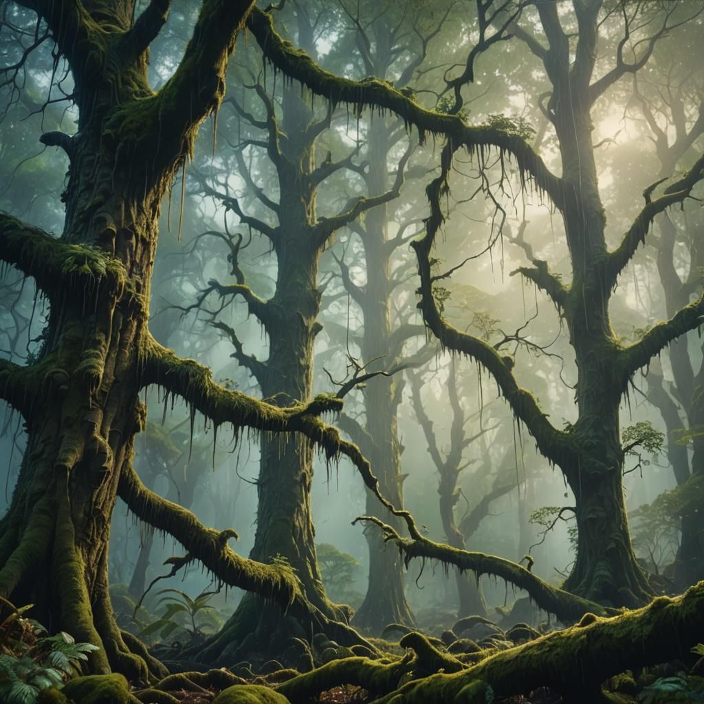 Mystical Forest Rainfall: Cinematic Fantasy Matte Painting
