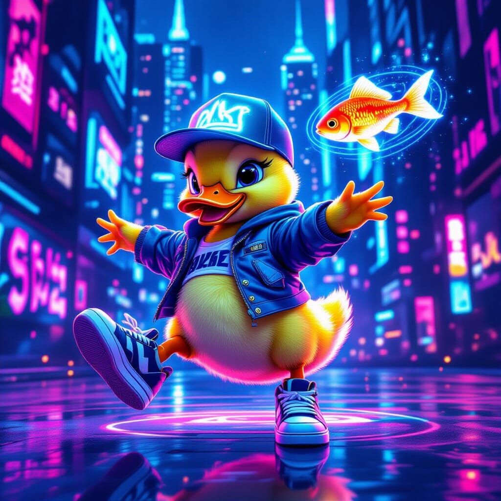Cyberpunk Duckling Breakdance in Neon City