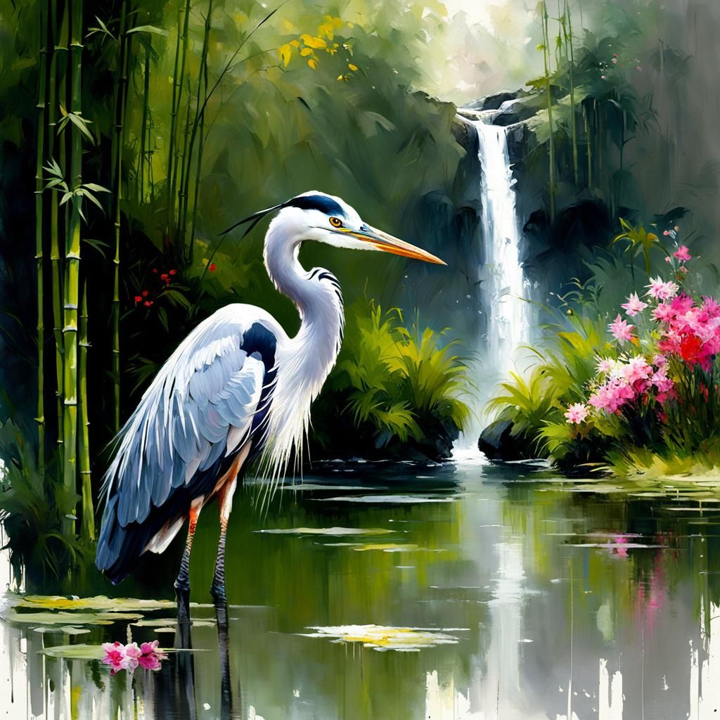 Grey Heron in Bamboo Forest: Matte Painting