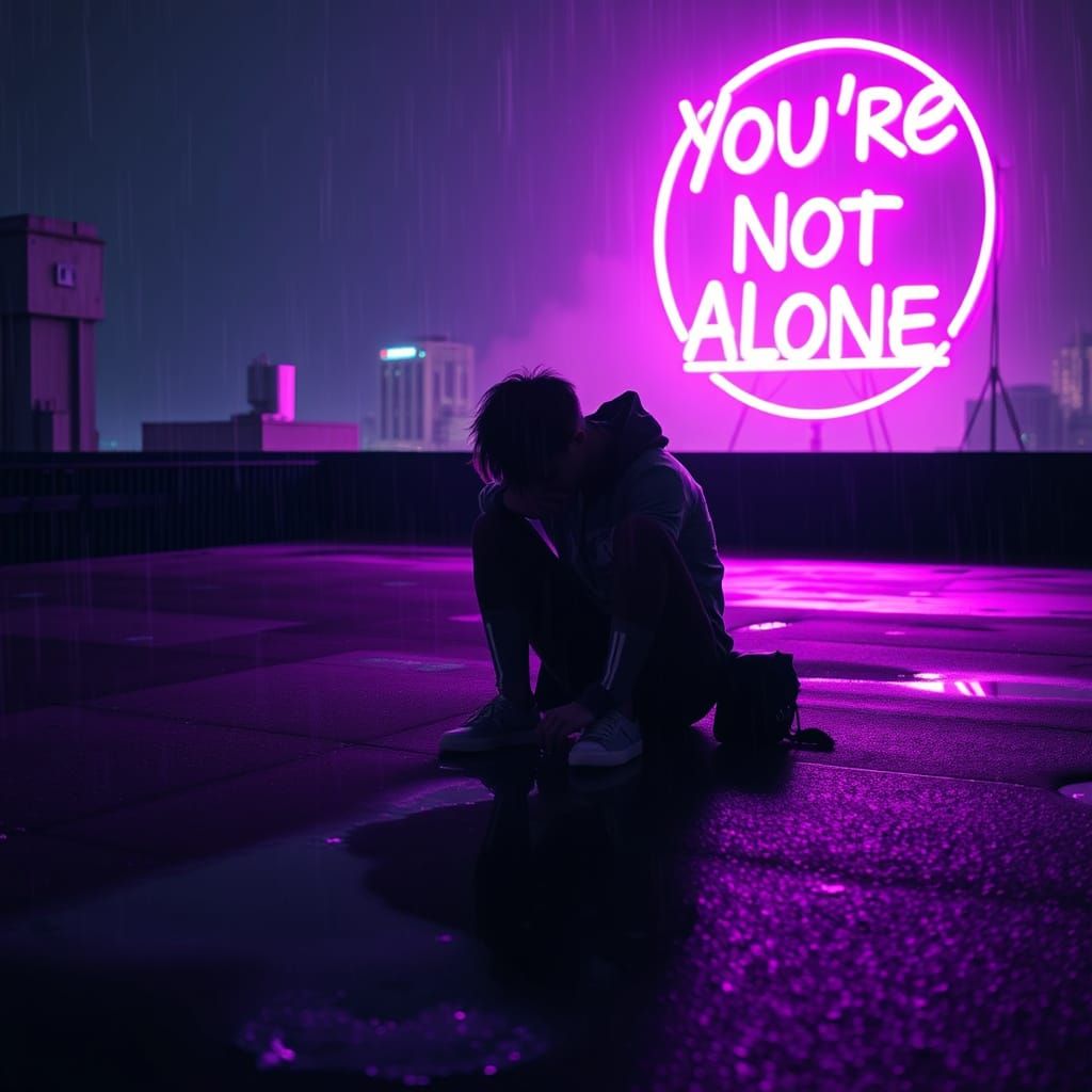 Cyberpunk Figure Radiates Hope Amidst Dark Cityscape