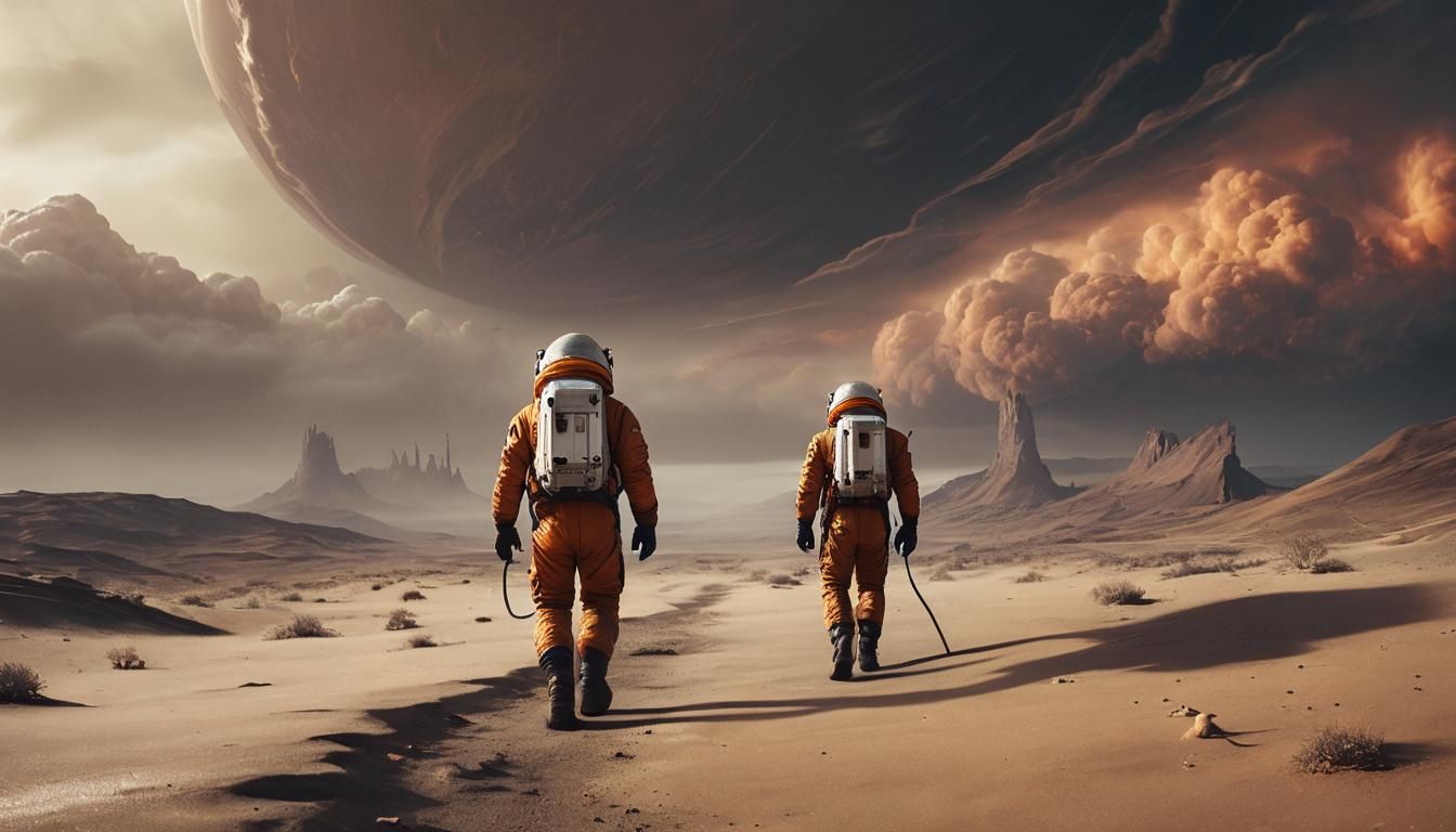 Astronaut on Stormy Planet in Dreamlike Sci-Fi Art