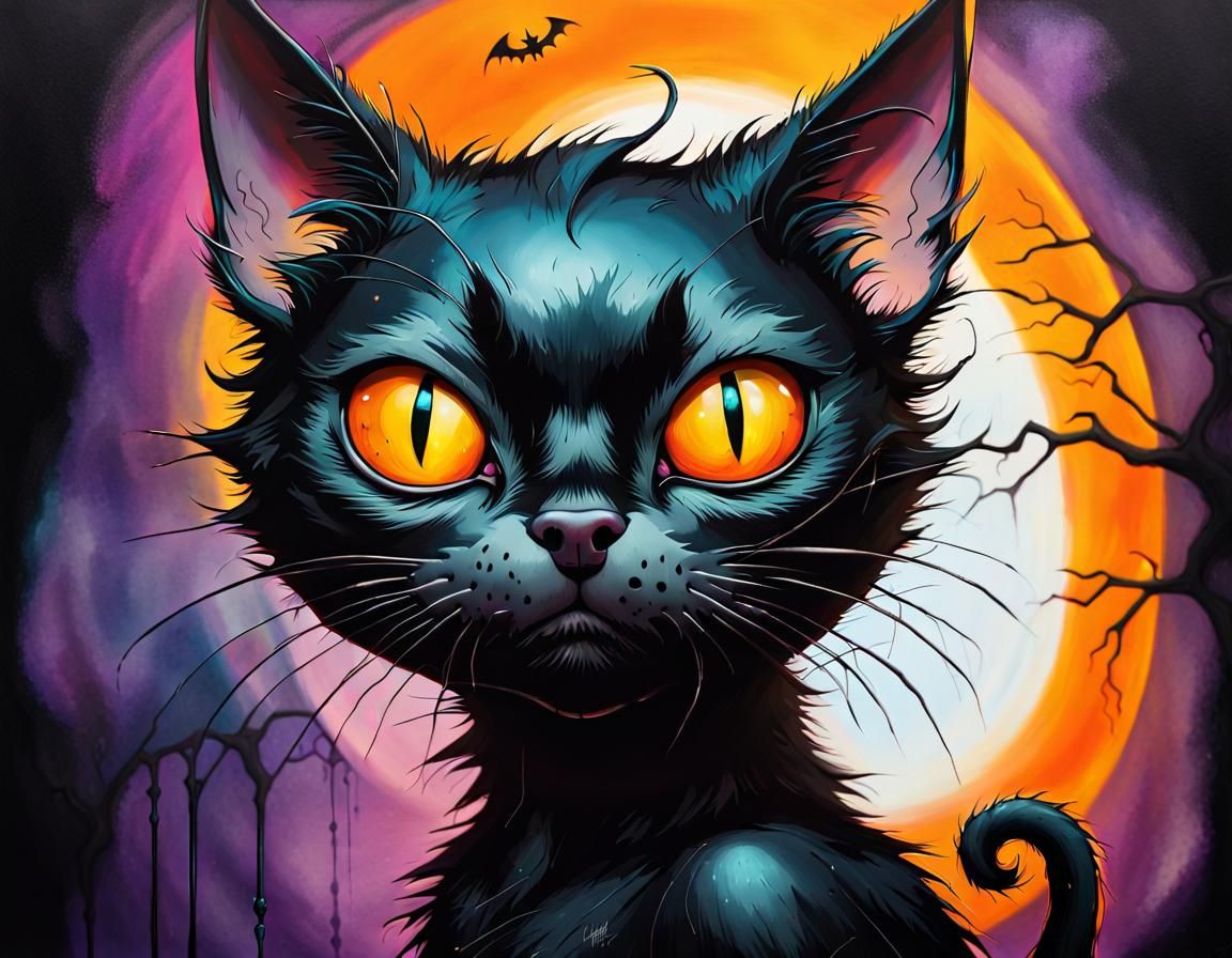 Halloween Black Cat Portrait in Airbrush Style