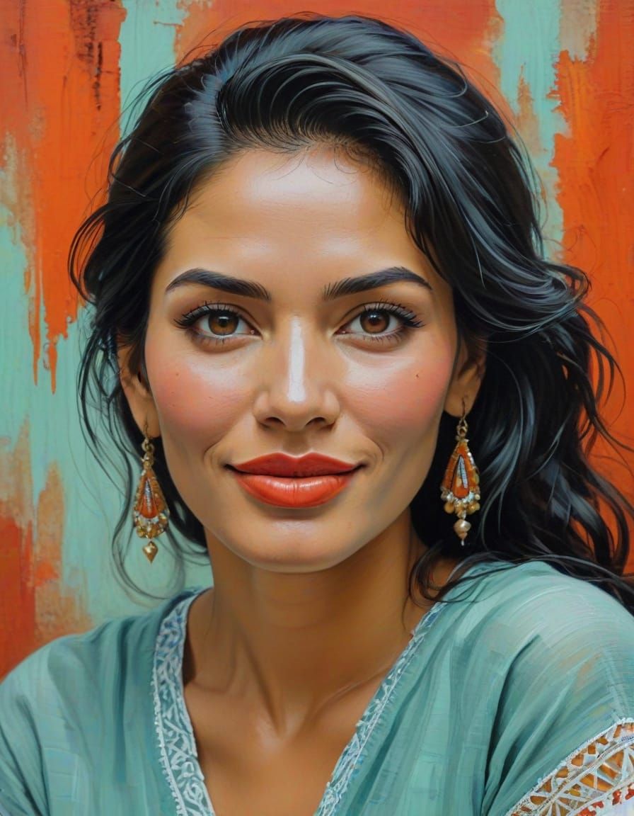 Peruvian Woman in Pale Turquoise Gouache Painting
