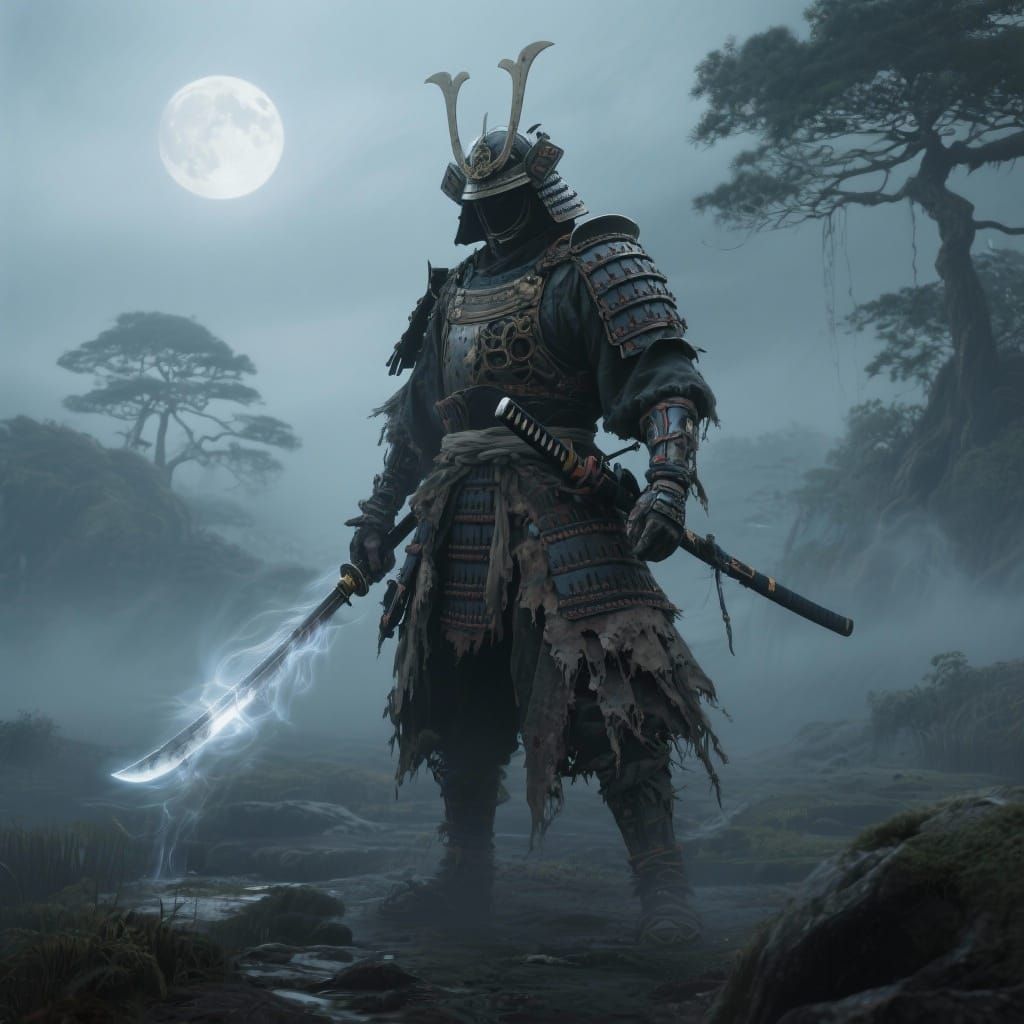 Ghostly Samurai Warrior in Misty Moonlit Landscape