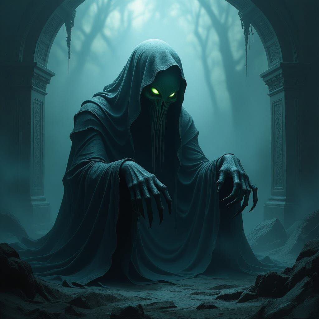 Eerie Tentacled Creature Worships Mystical Being