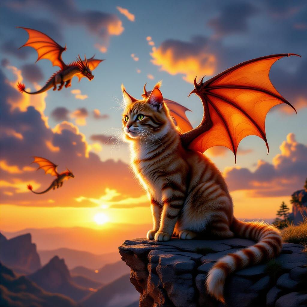 Orange Tabby Cat Dragon on Cliff at Sunset