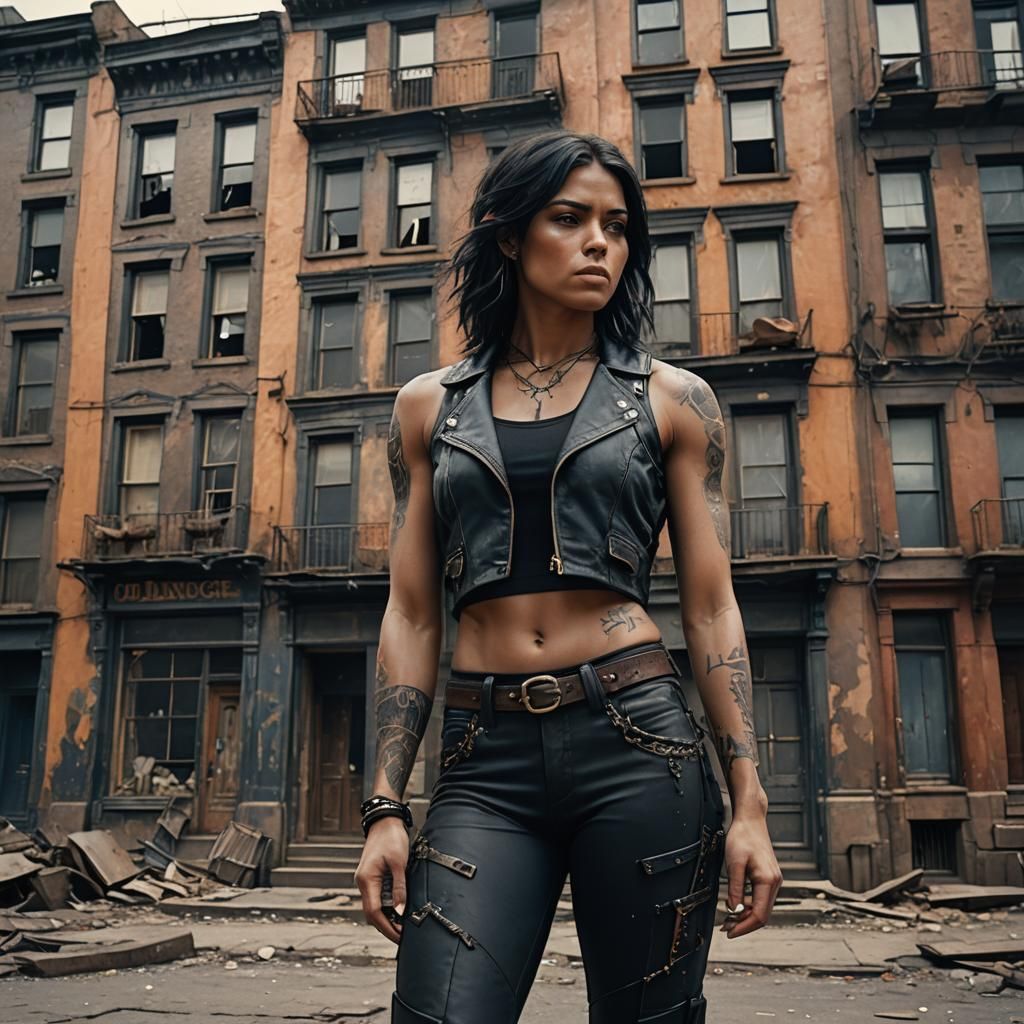 Woman in Leather in Front of Tenement Building