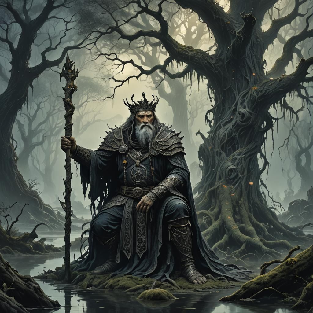 Mystical King in Misty Swamp: Dark Fantasy Art