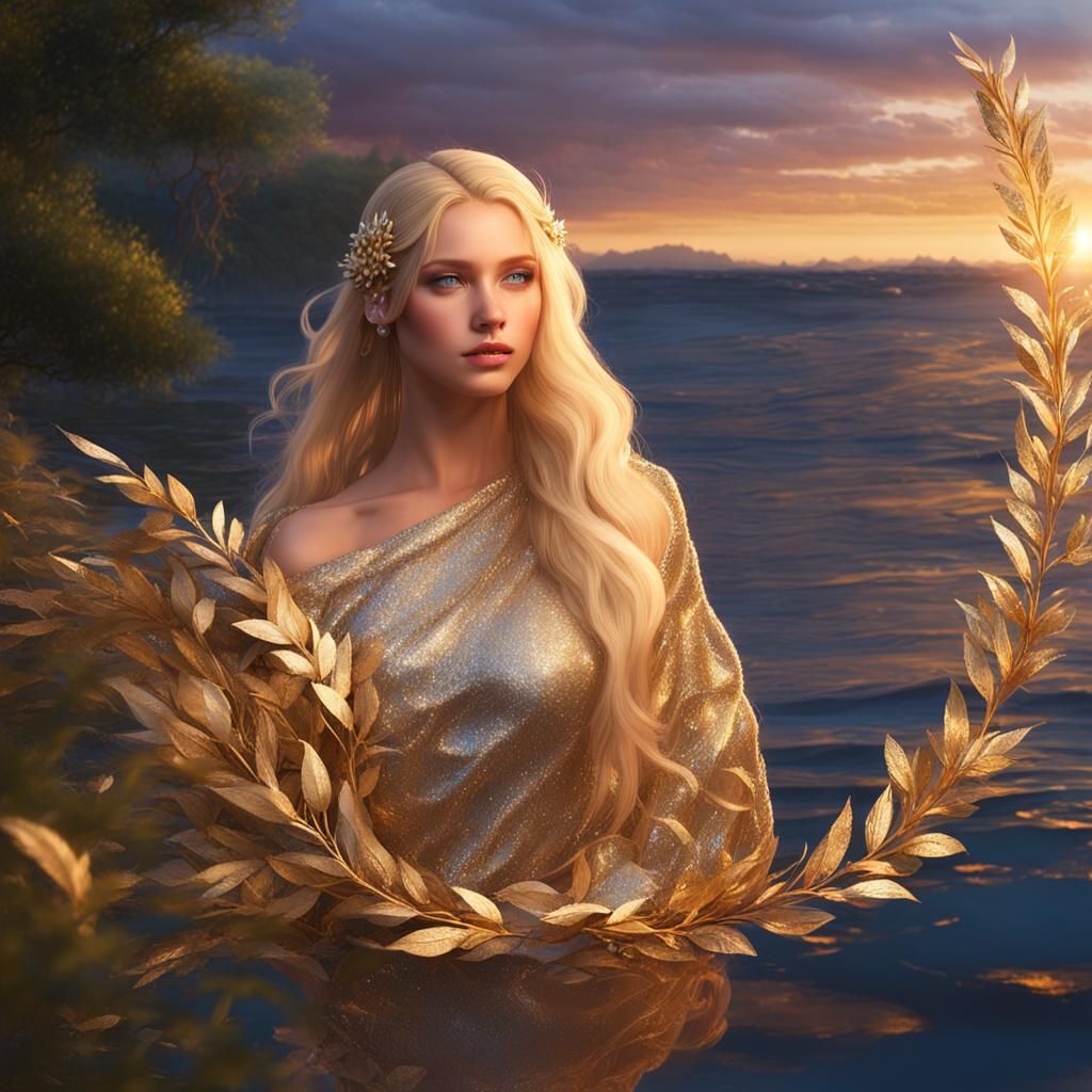 Curvy Woman with Laurel Wreath in Golden Sunset