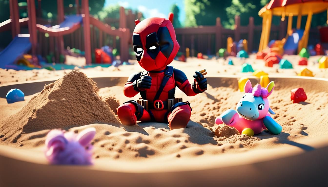 Deadpool playing in a sandbox with a small unicorn toy, back...