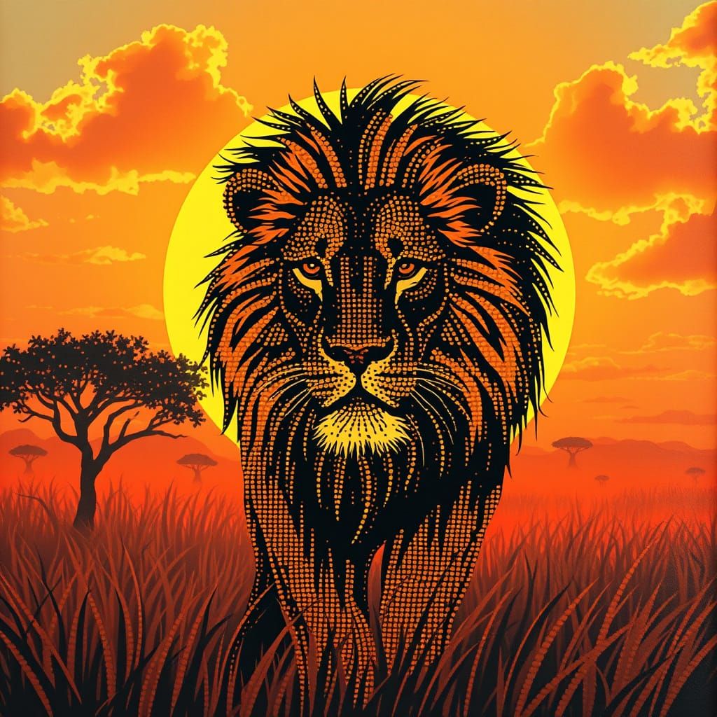 Surreal Lion in Golden Sunset African Savannah