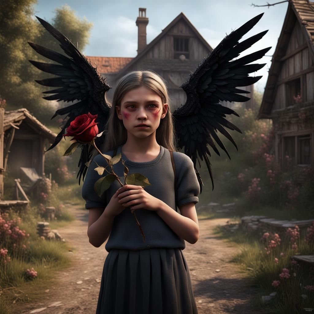 Fantasy Art of Winged Girl Bullied in Village