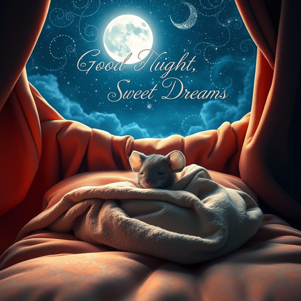 Whimsical Mouse in Dreamlike Setting Under Starry Night Sky