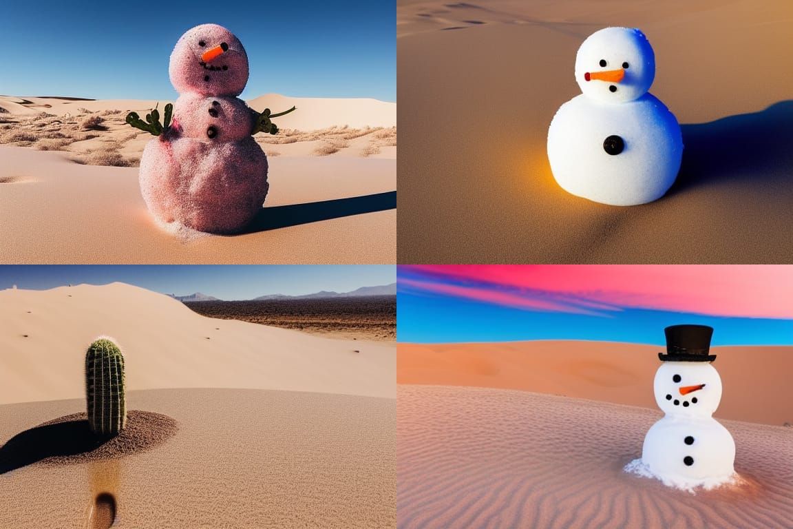 Melting Snowman in Desert Landscape with Cactus