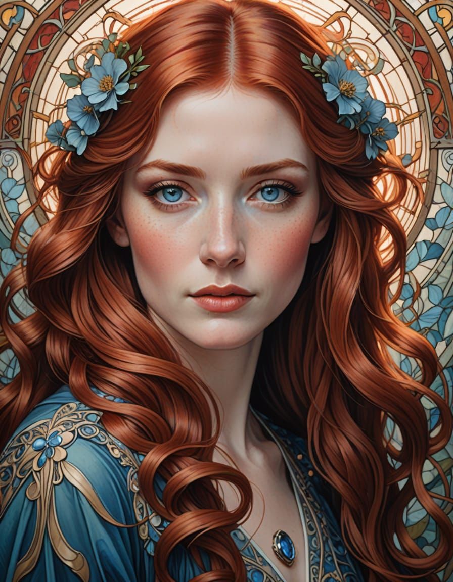 Art Nouveau Beauty with Flowing Red Locks