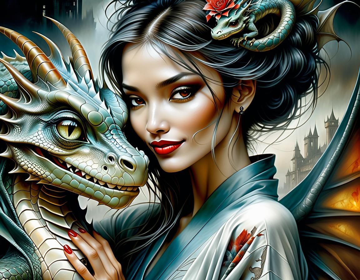 Woman and Dragon Hatchling in Dreamlike Fantasy Style