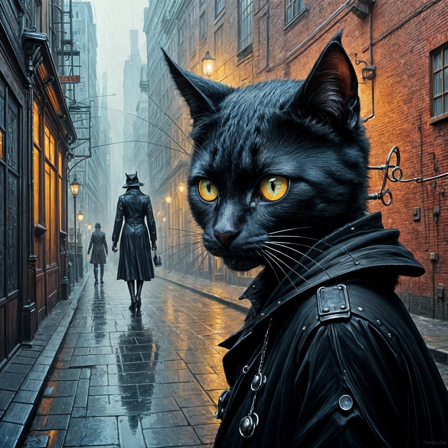 Goth Cat on Rainy City Street in Neo-Impressionist Style