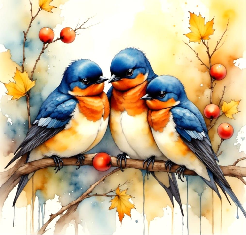Dainty Watercolour Swallow Family in Whimsical Garden Scene