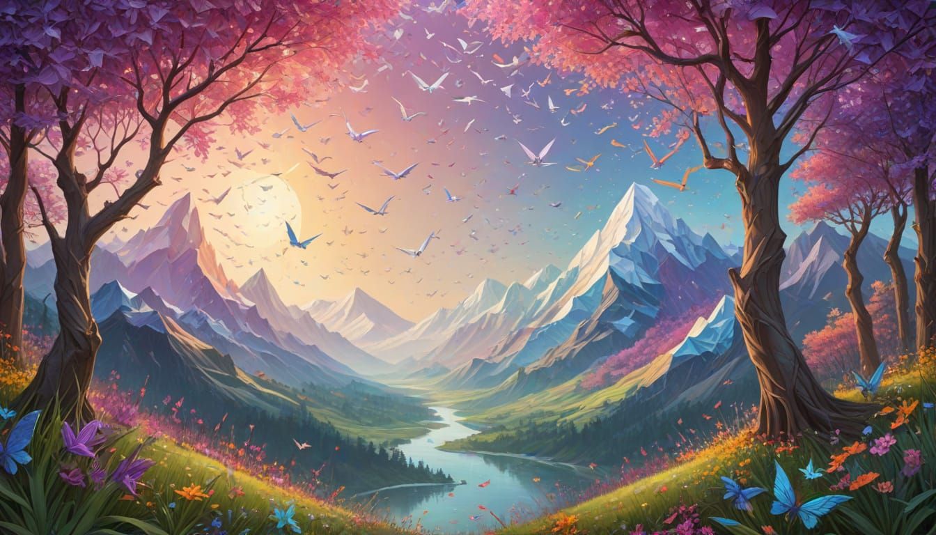 Origami Cranes in Stained-Glass Landscape