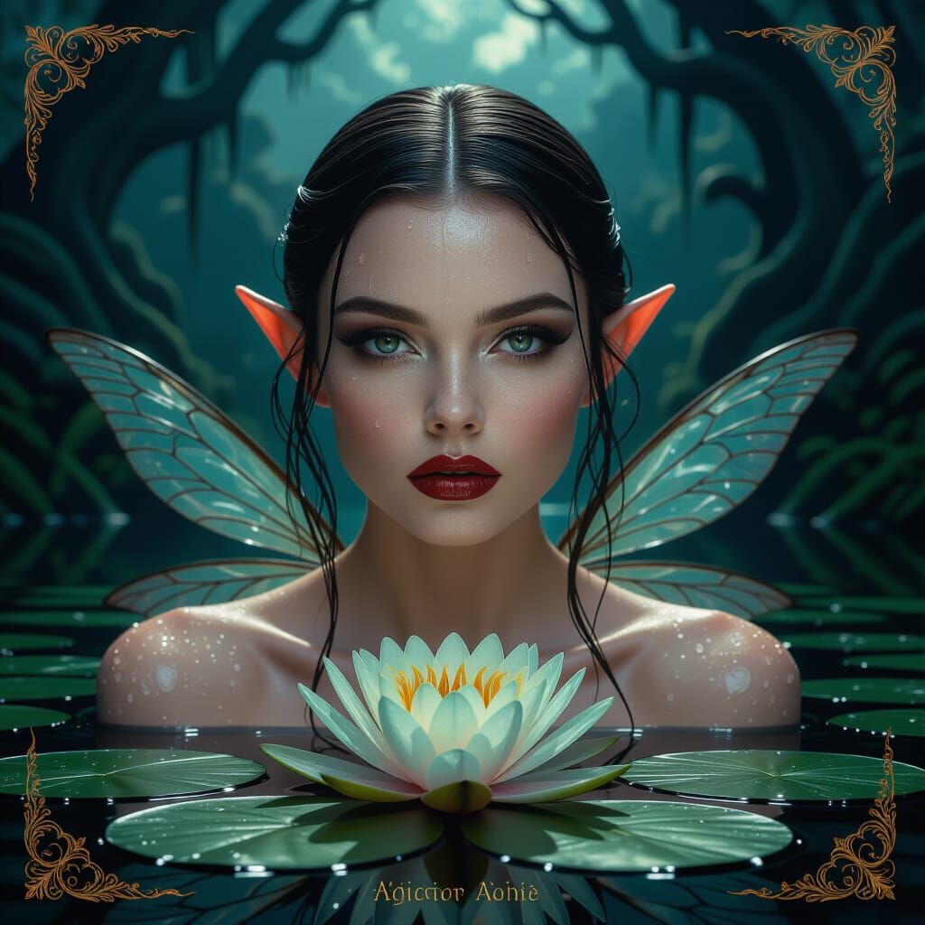 A cinematic, high resolution of a wet fairy female figure’s ...