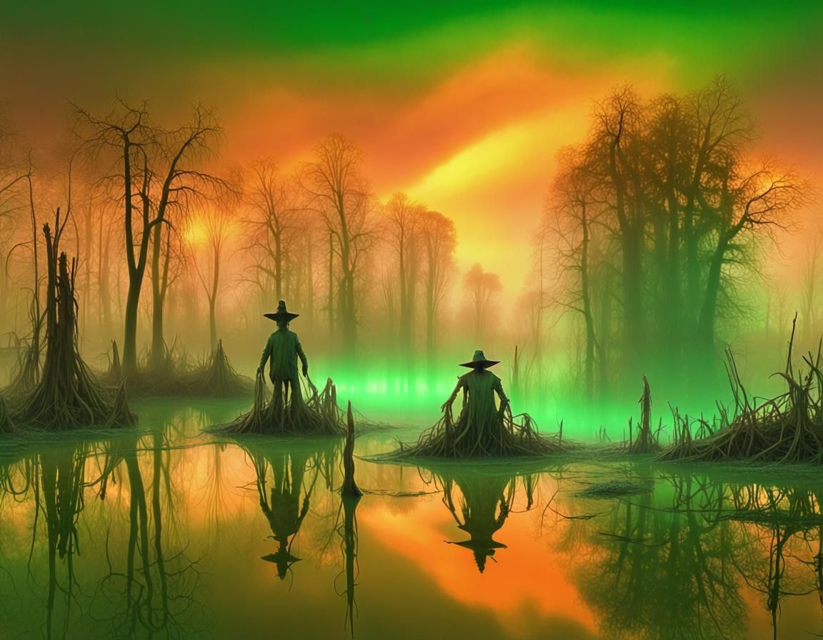 Surreal Swamp Dreamscape with Iridescent Sky