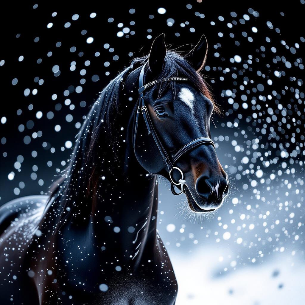 Majestic Black Horse with Silver Flakes in Cinematic Style