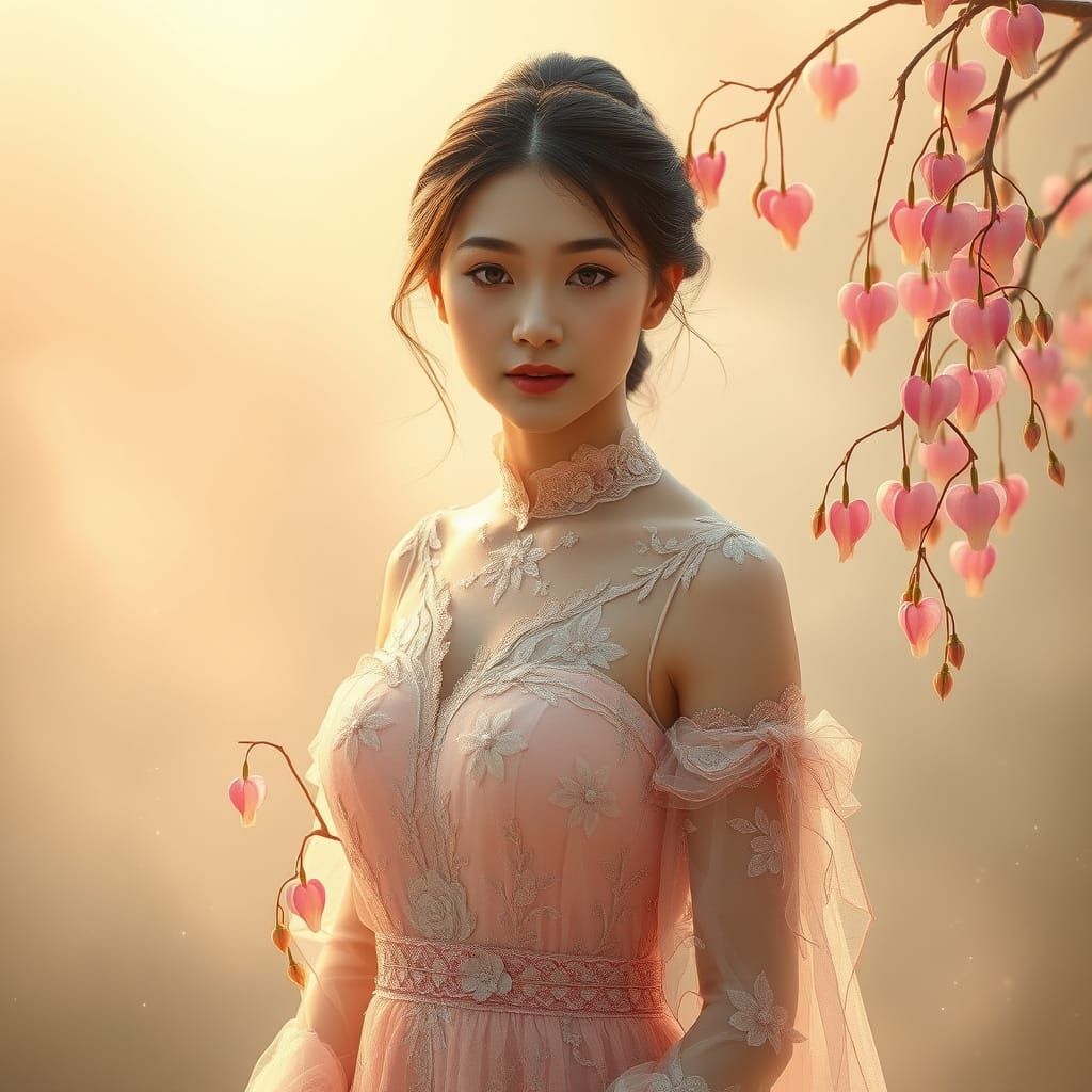 Ethereal Asian Beauty in Pastel Flower Dress Amidst Bleeding...
