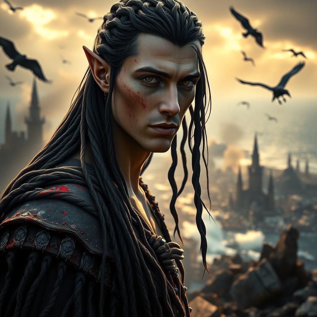 Grief Stricken Elf-Lord Stands in Ruined City