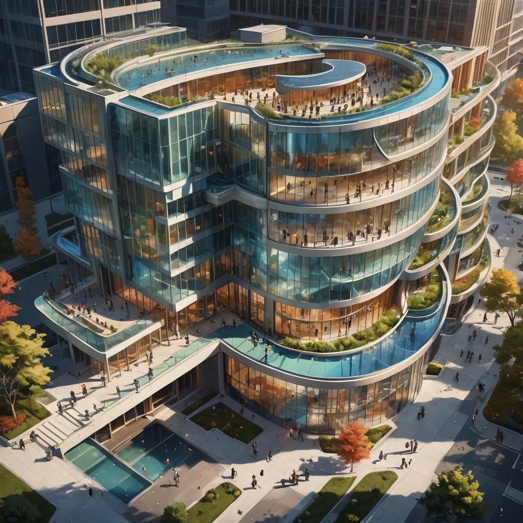 Elliptical Building with Cascade in Hyperrealistic Style