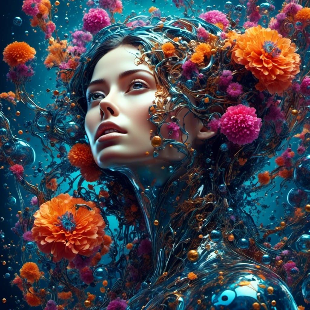 Biomechanical Woman with Melting Head in Hyperrealism