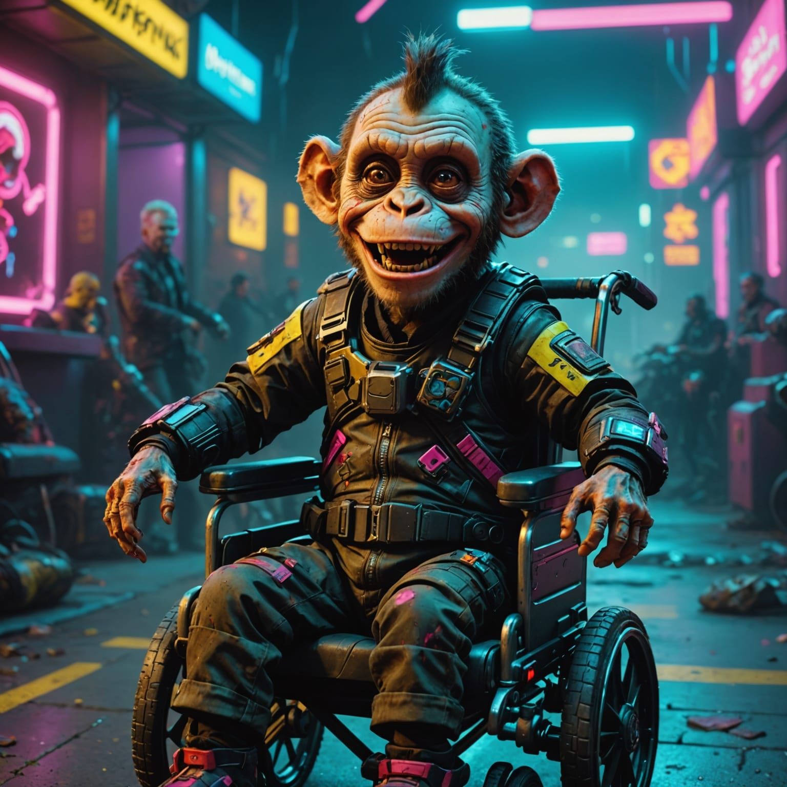 Cyberpunk Zombie Monkey Clown Toddler in Wheelchair