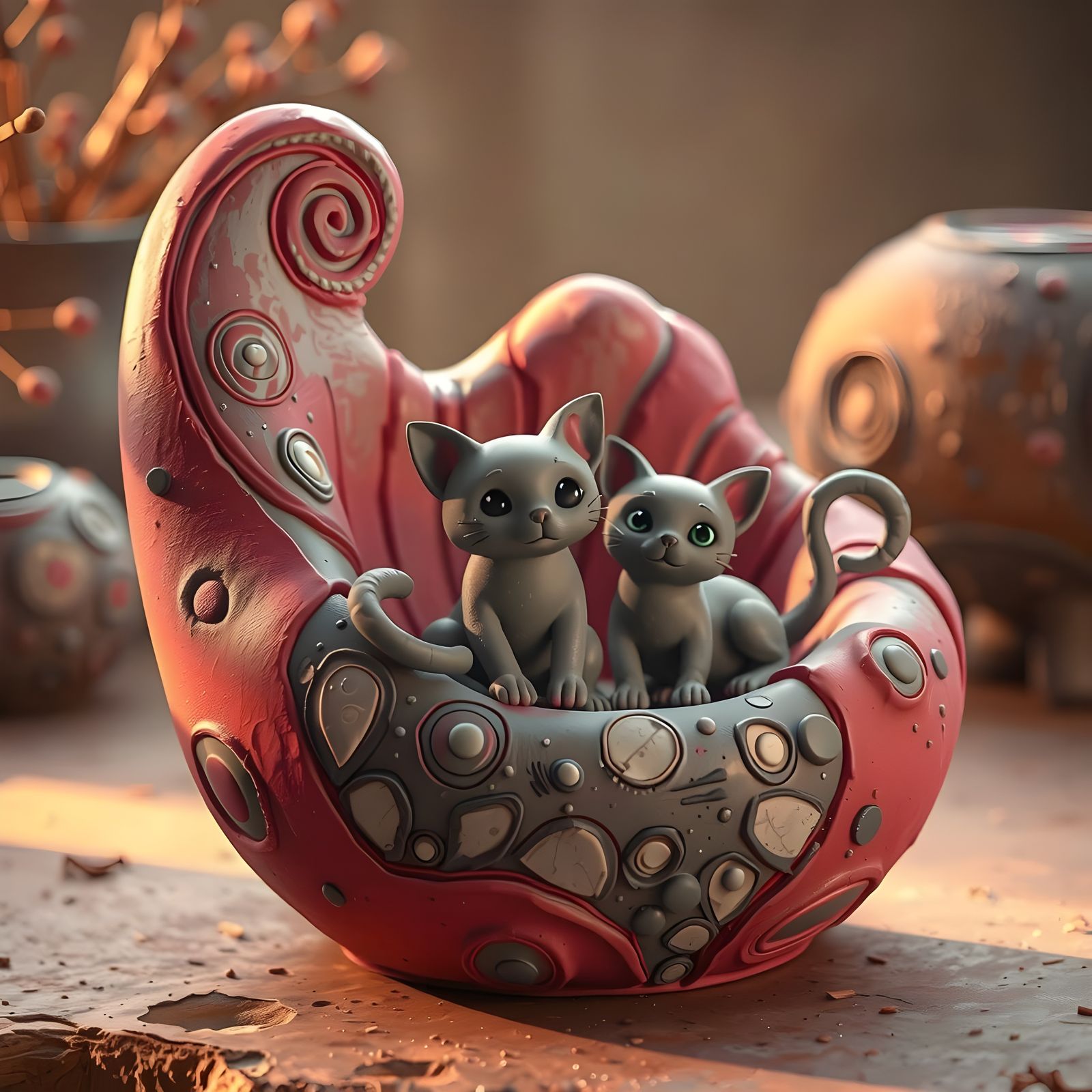 Whimsical Clay Cats Lounge in a Donut Chair Masterpiece