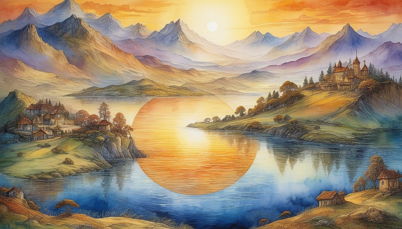 Golden Hour Sunset Over Dome Mountains Surrounding Round Lak...