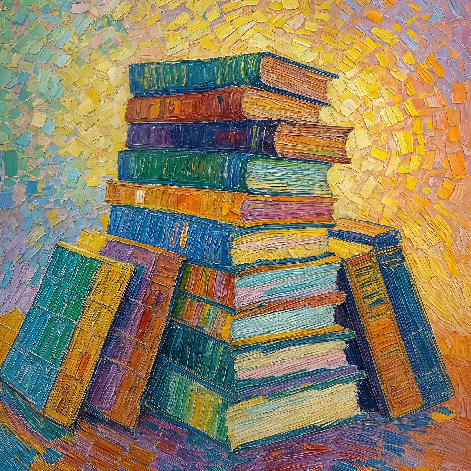 Vibrant Unread Books in Neo-Impressionist Style