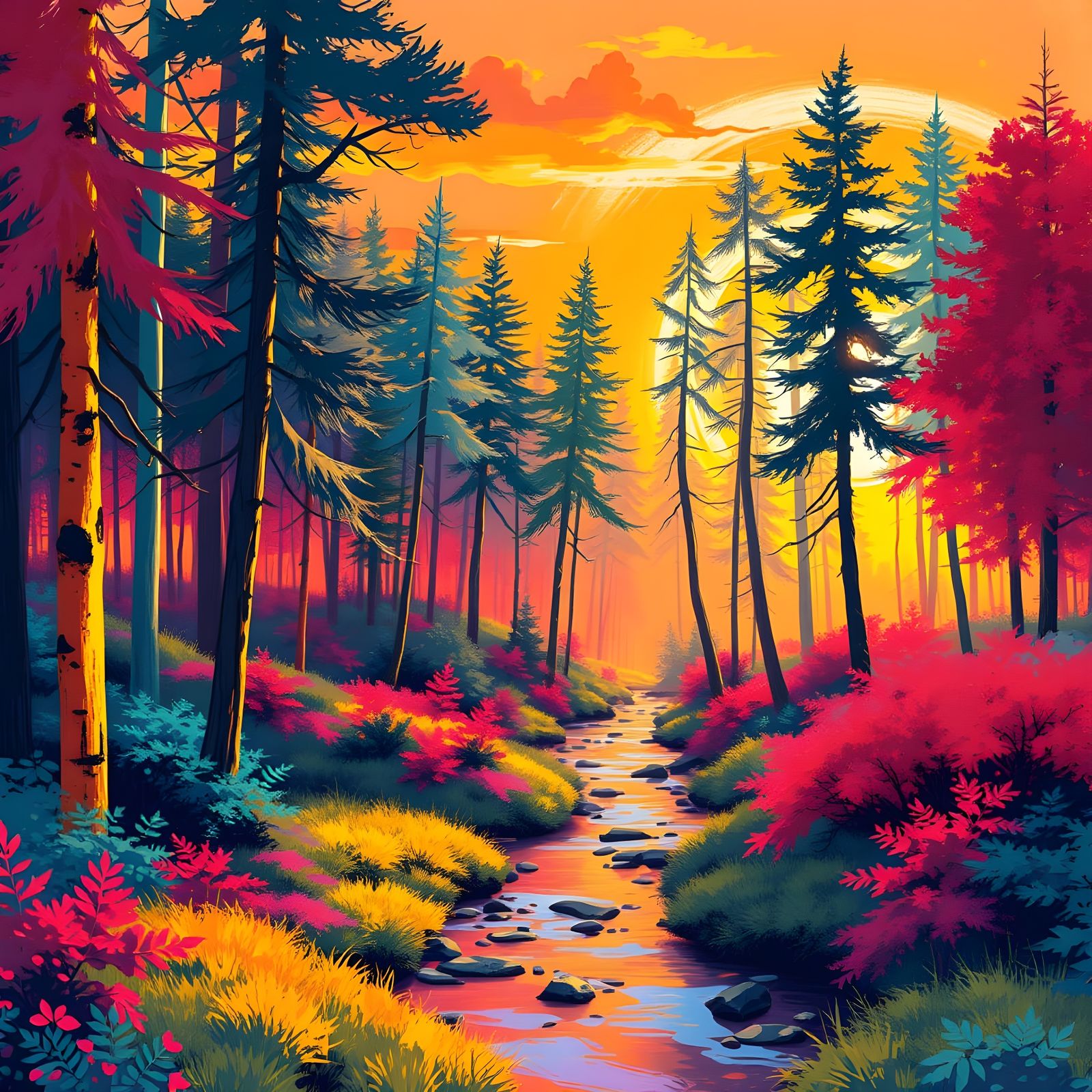 Vibrant Forest Landscape at Sunset