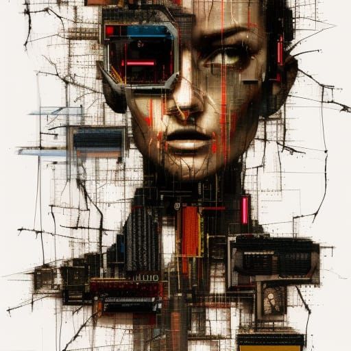 Cyberpunk Robot Portrait with Glitch Art Effects