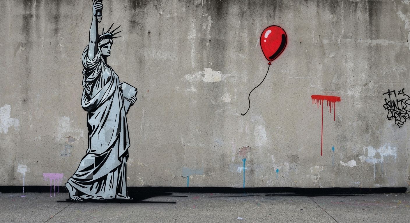Banksy-style Statue of Liberty with Red Balloon