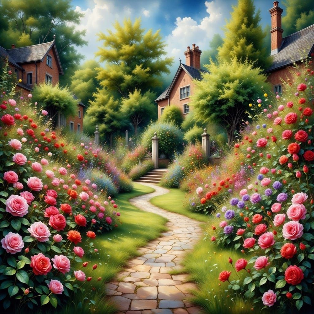 Surrealistic Portrait of an English Rose Garden in Watercolo...