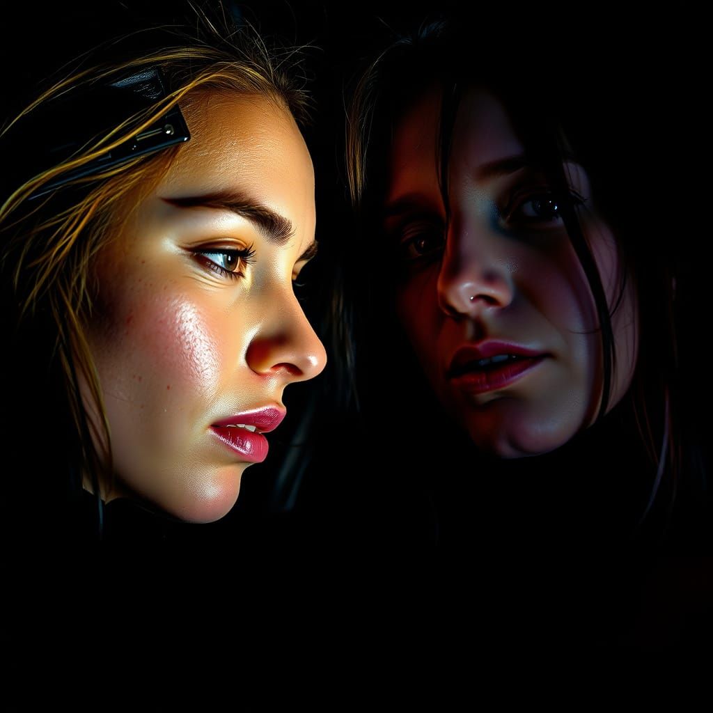 Intimate Moody Portrait of Two Women in Dramatic Light