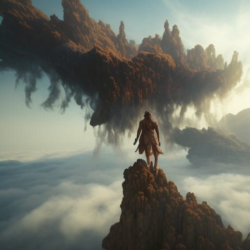 Person Lifted by Clouds in Detailed Digital Art