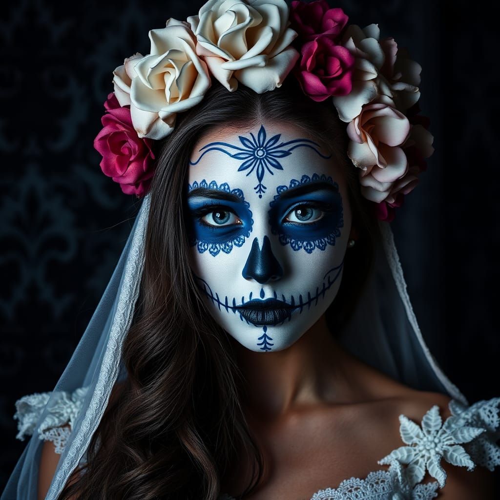 Blue and White Catrina Portrait for Dio de los Muertos