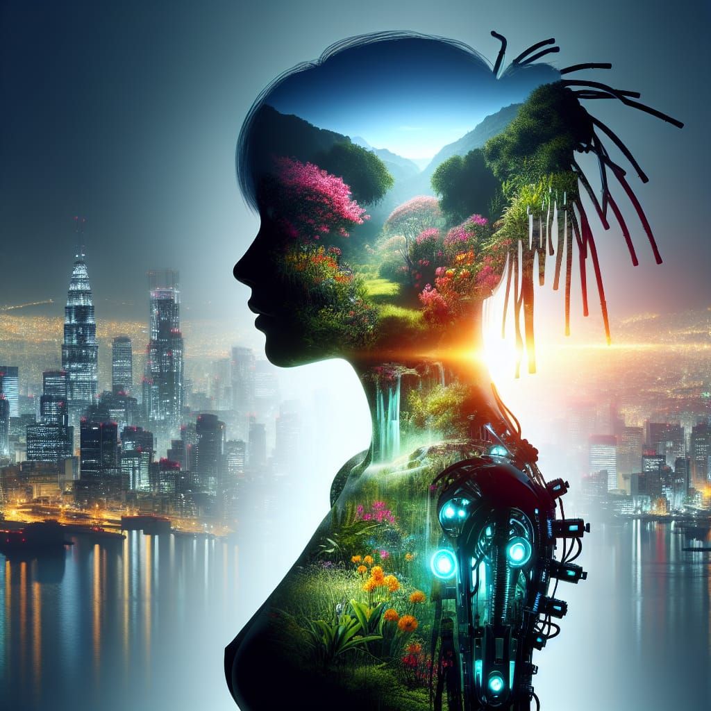 Cyberpunk Girl Embraces Nature in Dystopian Cityscape