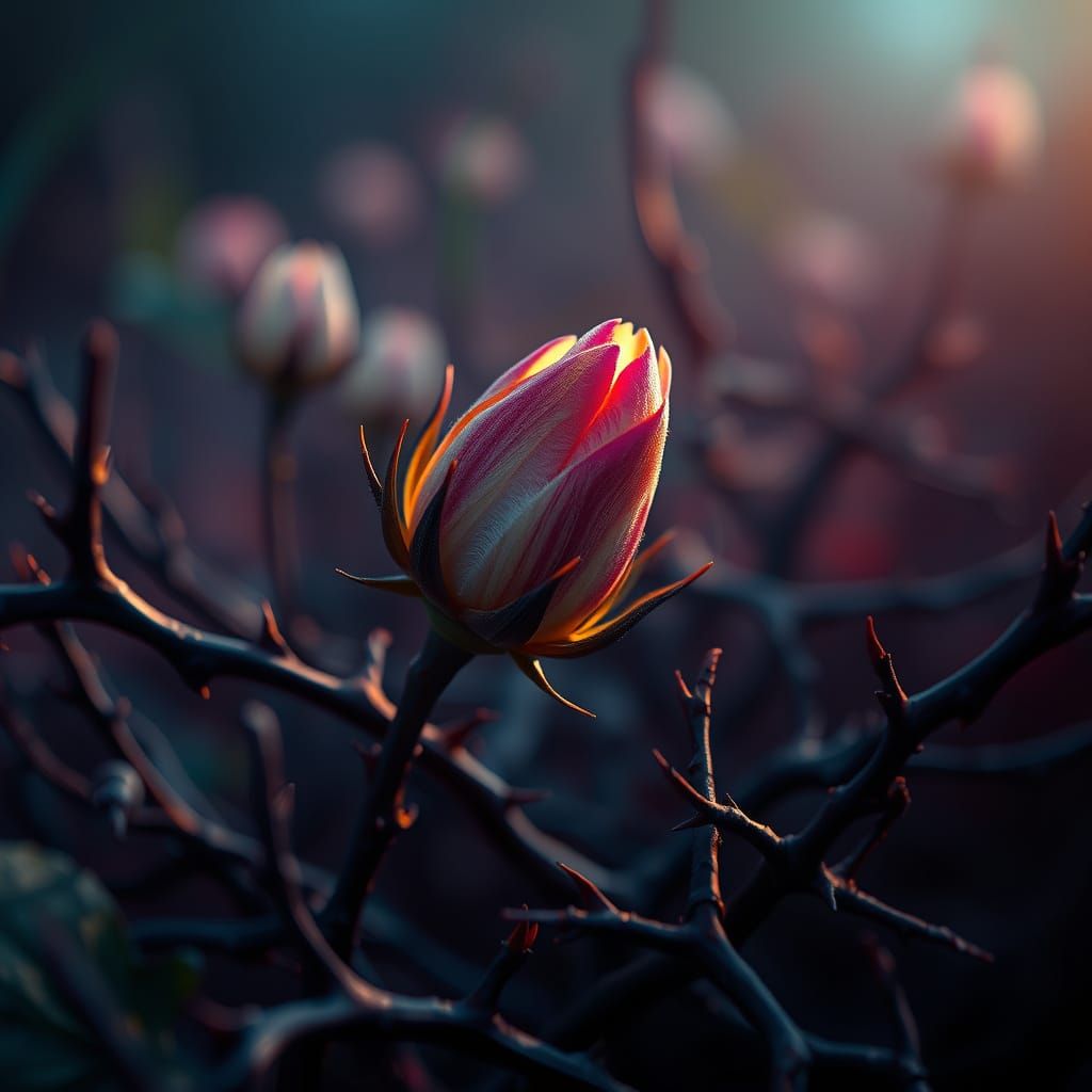 Ethereal Bloom Thrives Amidst Dark Thorny Landscape